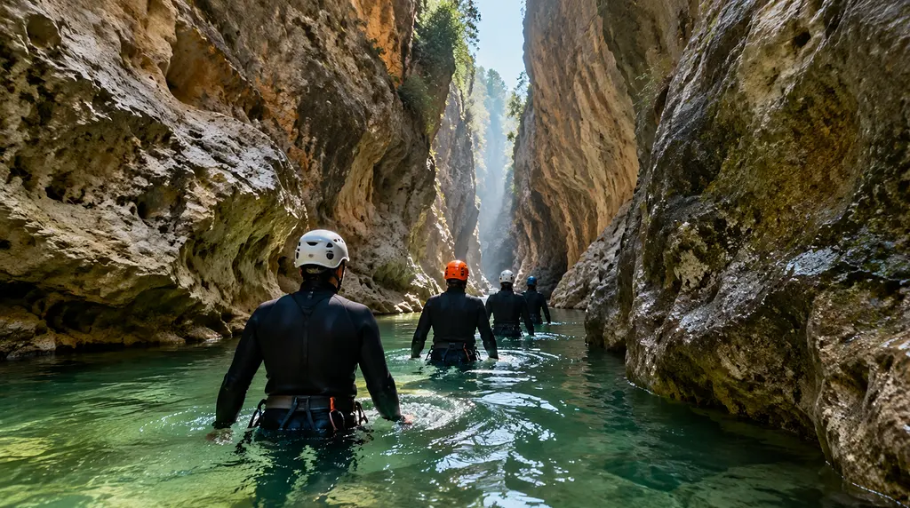 Grupo de personas con neopreno, casco y arnés avanzando por un barranco de paredes de roca con agua verde, vistas de espaldas. Imagen de ejemplo.