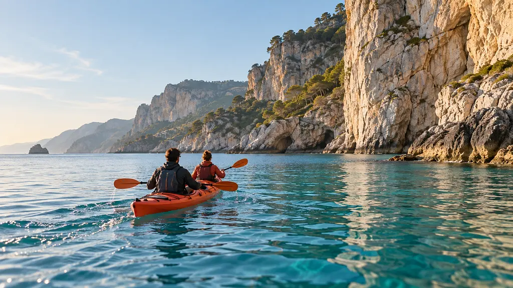 Dos personas remando en un kayak naranja sobre agua turquesa junto a acantilados claros, vistas de espaldas. Imagen de ejemplo.