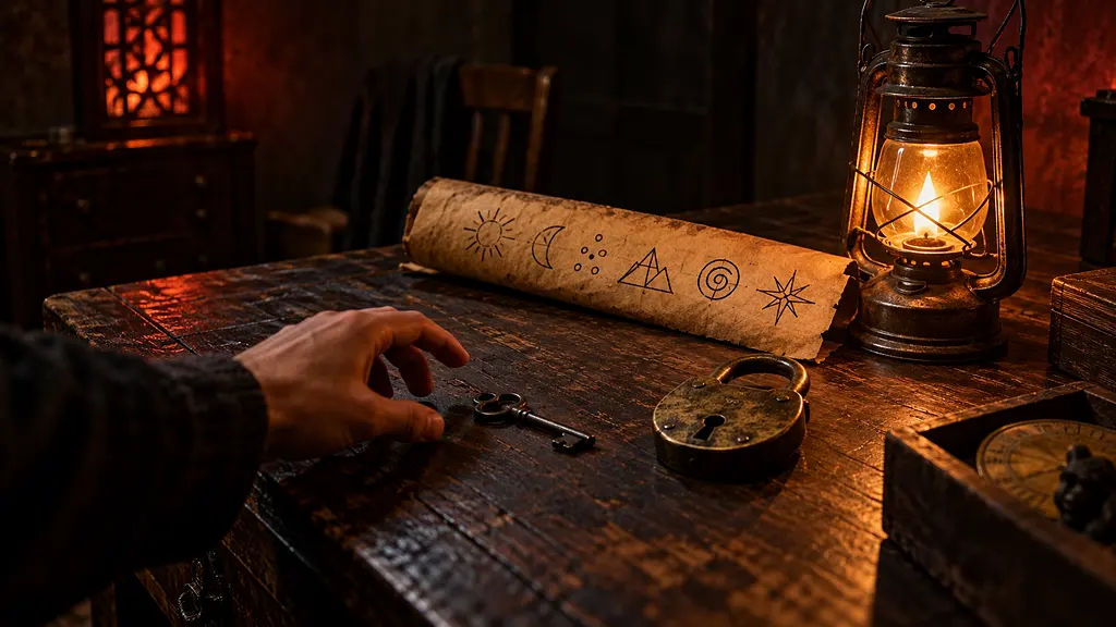 Sala de escape room con un escritorio de madera, un candado antiguo, una lámpara y una mano que alcanza una llave. Imagen de ejemplo.