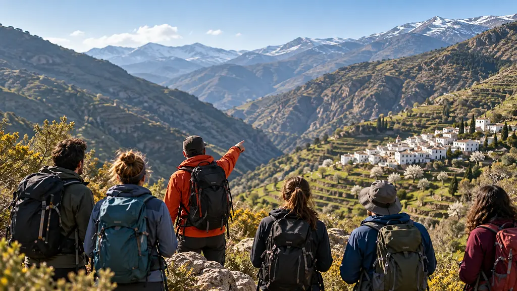 Un guía de montaña señala un pueblo blanco en un valle con terrazas de cultivo ante un grupo de excursionistas, todos de espaldas. Imagen de ejemplo.