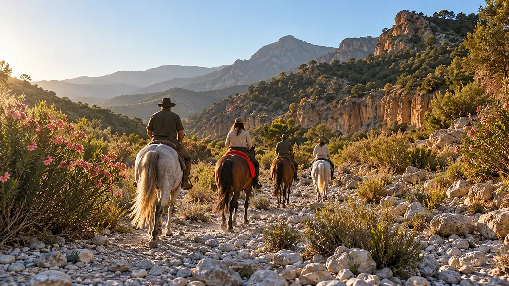 Cuatro jinetes a caballo vistos de espaldas por un cauce seco con adelfas, con luz baja. Imagen de ejemplo.