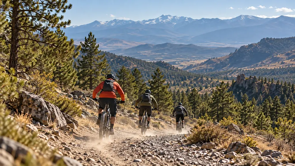 Tres ciclistas de montaña vistos de espaldas bajando por un camino de grava entre pinos. Imagen de ejemplo.