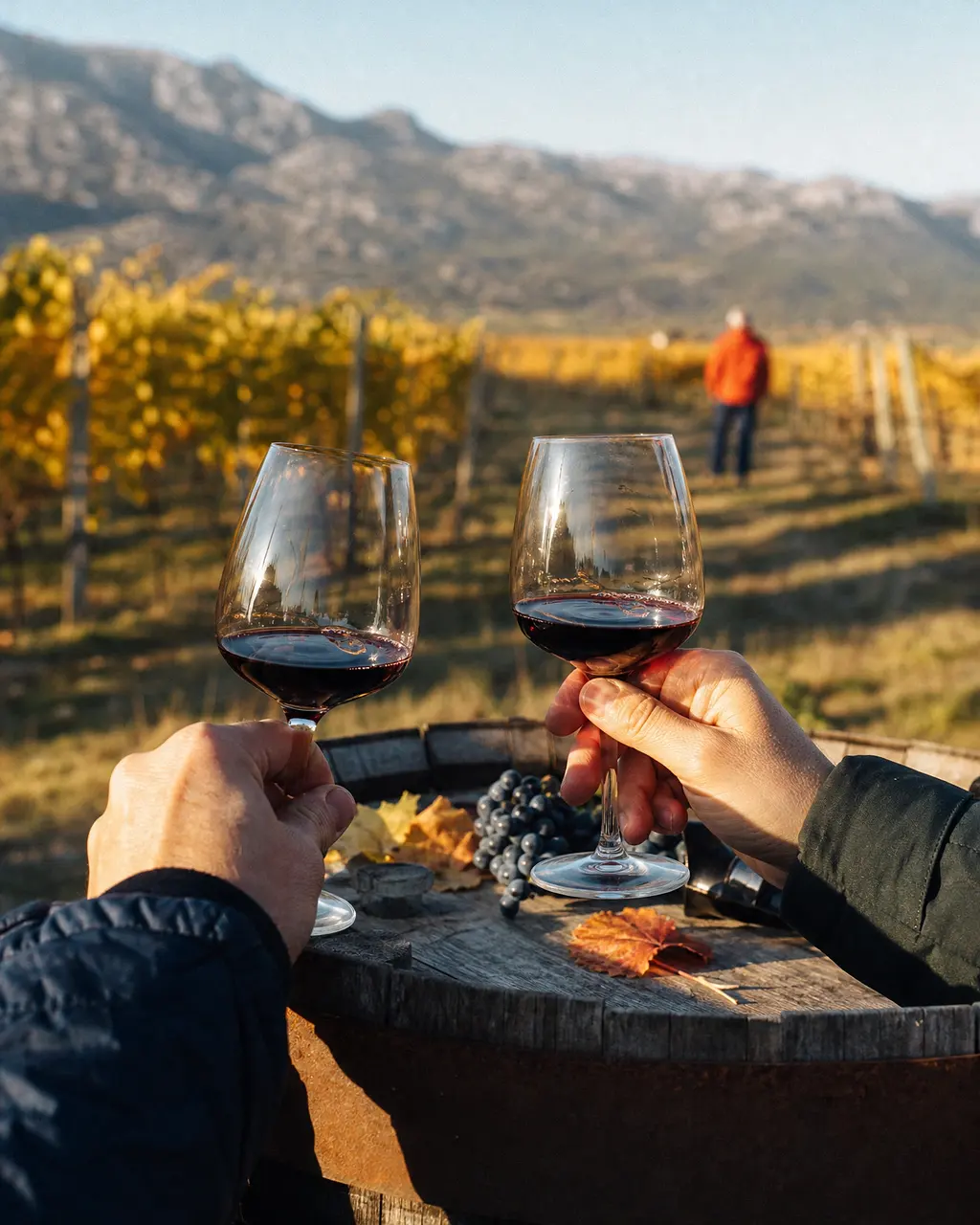 Dos manos sostienen una copa de vino tinto en un viñedo al amanecer, con una barrica como mesa. Imagen de ejemplo.