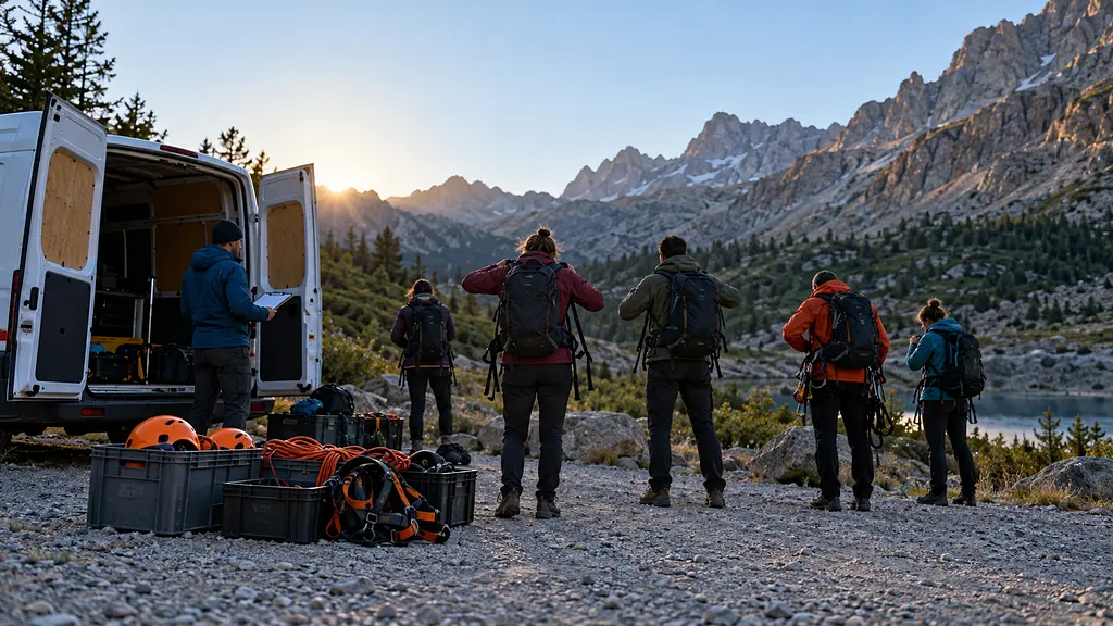Punto de encuentro de madrugada en la montaña: furgoneta con las puertas abiertas, cajas con cascos y arneses y un grupo con mochilas, de espaldas. Imagen de ejemplo.
