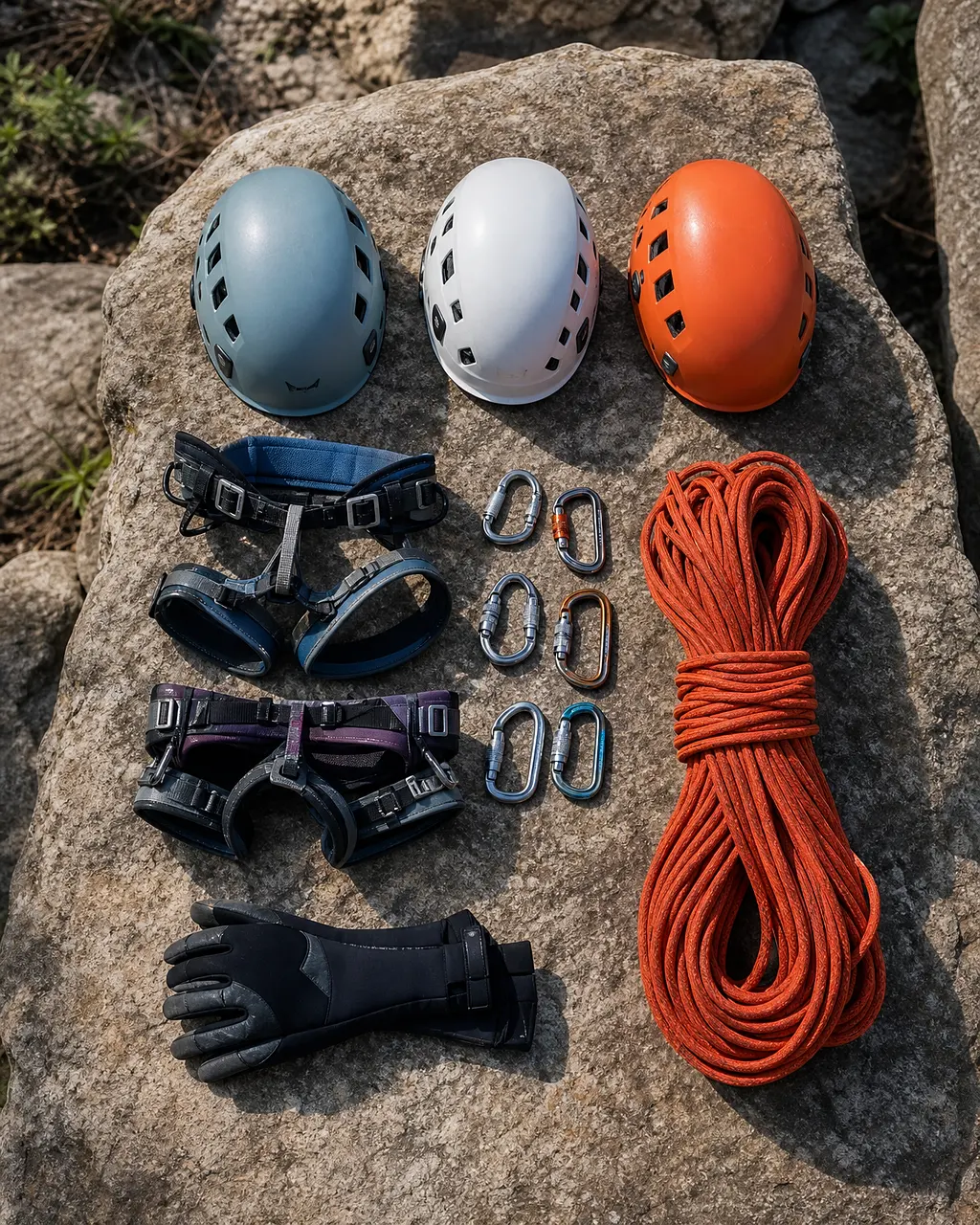 Cascos, arneses, mosquetones, una cuerda naranja y guantes de neopreno ordenados sobre una roca plana. Imagen de ejemplo.