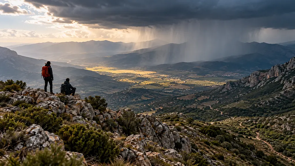 Nubes de tormenta y una cortina de lluvia sobre una cresta de montaña, con dos excursionistas mirando desde una roca. Imagen de ejemplo.