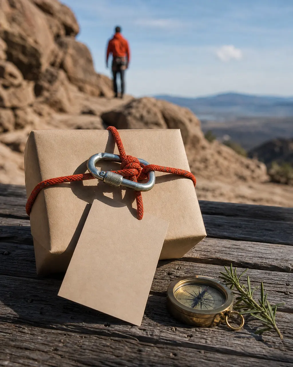 Caja de regalo de papel kraft atada con una cuerda de escalada naranja y un mosquetón, junto a una brújula y una ramita de romero. Imagen de ejemplo.