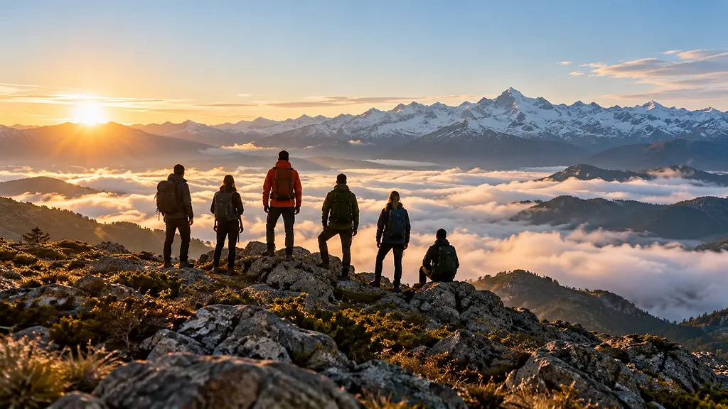 Seis siluetas con mochila en una cresta al amanecer, mirando un mar de nubes y picos nevados al fondo. Imagen de ejemplo.
