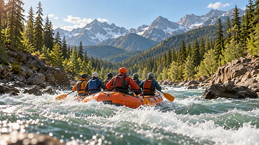 Una balsa naranja de rafting con seis personas con casco, vistas de espaldas, bajando un pequeño rápido. Imagen de ejemplo.